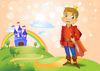 Fototapeta na wymiar Fairy tale castle and handsome Prince
