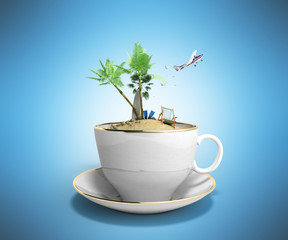 Island in a cup of coffee Concept of travel 3d render on blue