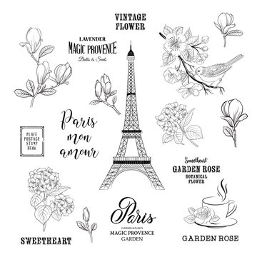 Paris romantic collection. Spring tour elements set with birds, flowers and eiffel tower. Calligraphic sign bundle of paris. Vector illustrations.