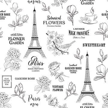 Paris romantic seamless pattern. Spring tour swatch with birds, flowers and eiffel tower. Calligraphic sign of paris. Vector illustration.