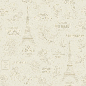 Paris romantic seamless pattern. Spring tour swatch with birds, flowers and eiffel tower. Calligraphic sign of paris. Vector illustration.
