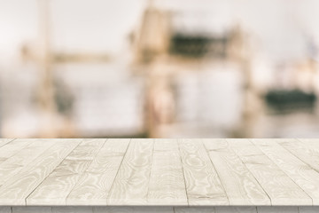 Fitted wooden worktop surface. Empty kitchen wooden table space platform.