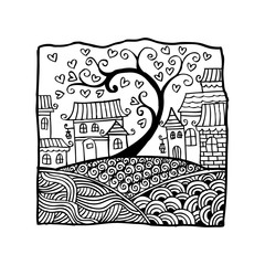 Heart tree with artistic houses. Zentangle style.
