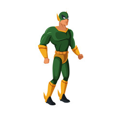 muscular man superhero in mask suit boots gloves standing vector illustration