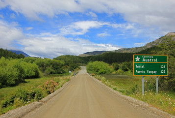 Carretera Austral highway, ruta 7, with road sign, Patagonia Chile