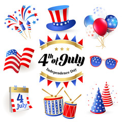 4th July - Independence day of United States of America - festive vector set with different holiday symbols isolated on white background © Angelina Bambina
