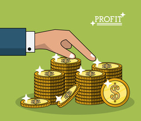 colorful poster with hand and stacked coins vector illustration