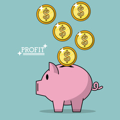 colorful poster of profit with money coins falling in piggy bank vector illustration