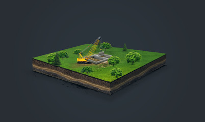 3d illustration of a soil slice, crawler crane, hoisting crane , building a house, on green meadow isolated on dark background