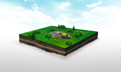 3d illustration of a soil slice, concrete Mixer Truck, pours foundation, on green meadow isolated on light background