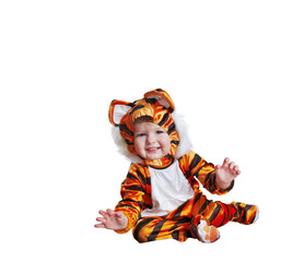 Adorable baby in tiger costume playing smiling acting isolated on white with blank space