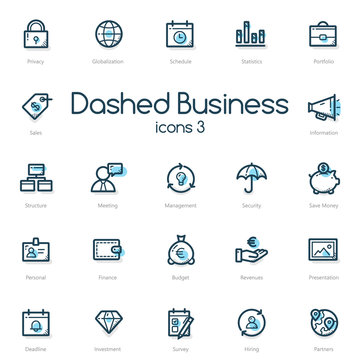 Business line icons set with blue accent isolated on light background.