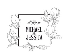 Fototapeta premium Marriage invitation card with custom sign and magnolia flower frame over white background. Vector illustration.