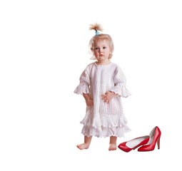 Small girl with high hilt red shoes shopping problems concept