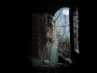 Ghostly female figure in ruins by moonlight. NOTE: no model involved, just dress!
