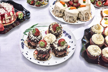 Delicious cakes with chocolate and strawberry in a plate. Summer tasty desserts