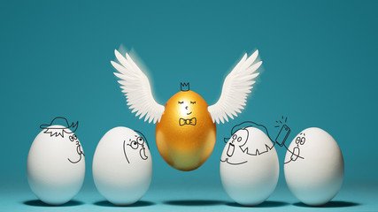 Concept of individuality, exclusivity, better choice. Golden egg takes off, waving its wings, among...