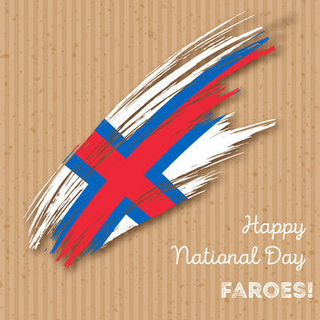 Faroes Independence Day Patriotic Design. Expressive Brush Stroke in National Flag Colors on kraft paper background. Happy Independence Day Faroes Vector Greeting Card.