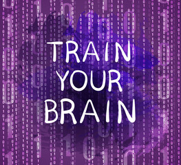 'Train your brain' text on purple background with numbers, VECTOR hand drawn letters.