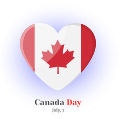 Obraz premium Heart Icon with Canada flag and lettering for your design isolated on blue background in cartoon style for Independence Day. Vector illustration. Holiday Collection.