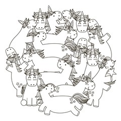 Circle shape pattern with cute unicorns for coloring book. Vector illustration