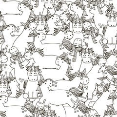Fototapeta na wymiar Doodle unicorns seamless pattern. Black and white fantasy background. Great for coloring book, wrapping, printing, fabric and textile. Vector illustration