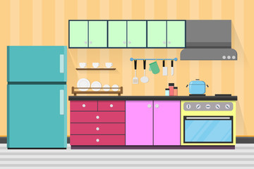 interior kitchen room design with kitchenware.vector and illustration