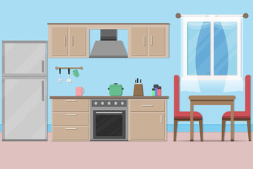interior kitchen room design with kitchenware.vector and illustration