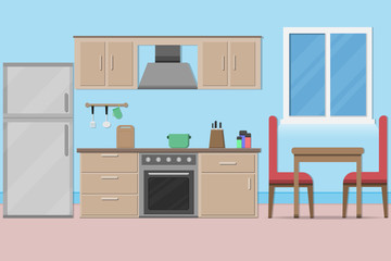interior kitchen room design with kitchenware.vector and illustration