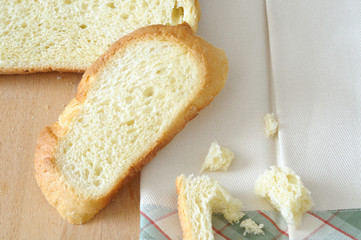 Top view on some slices of bread on the kitchen table