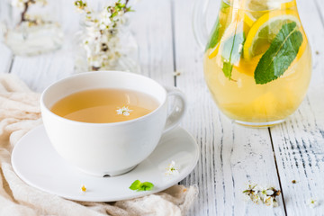 Fresh herbal tea with blooming brunch