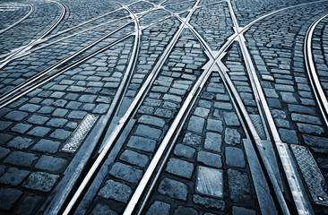Obraz premium Tramway Tram on Stone Pavement