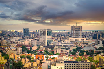 Fototapeta na wymiar Sunset over the capital city of Romania, Bucharest.