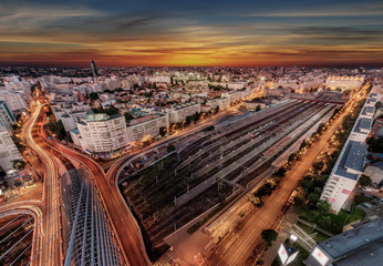 Aerial panorama of the Bucharest central train station - Bucharest Nord. Traffic and buildings...