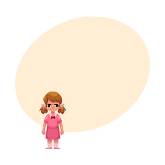 Little girl in pink dress standing with frowned, angry face expression, cartoon vector illustration with space for text. Frowning, angry little girl standing, clenching her fists