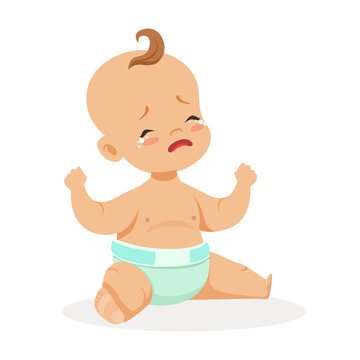 Adorable little baby sitting and crying, colorful cartoon character vector Illustration
