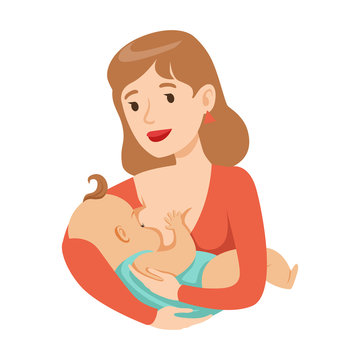 Young mother breastfeeding her baby with breast milk, colorful cartoon character vector Illustration