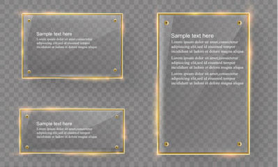 Vector glass modern banner set with shiny golden metallic frame on transparent background.