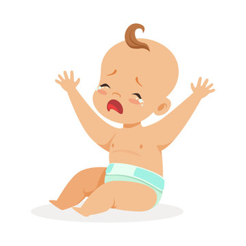 Sweet little baby in a diaper sitting with his hands raised and crying, colorful cartoon character vector Illustration