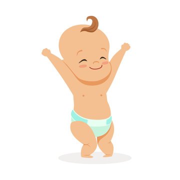 Cute smiling child standing with his arms raised, colorful cartoon character vector Illustration