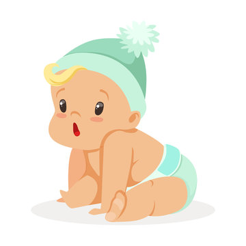 Lovely little baby wearing blue hat sitting, colorful cartoon character vector Illustration