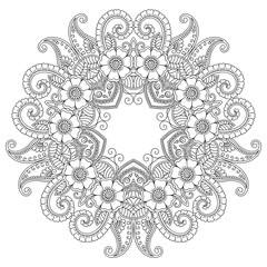 Circular pattern in the form of a mandala. Henna tatoo mandala. Mehndi style. Decorative pattern in oriental style. Coloring book page.