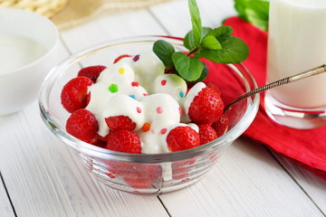 Breakfast for health sandwiches from rice vegan waffle with Greek yogurt, fresh strawberries and glas of milk on a white wooden table background