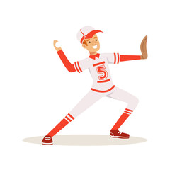 Smiling baseball player in a red uniform pitching the ball vector Illustration
