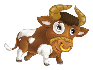 Cartoon happy farm animal - cheerful bull is smiling and looking - artistic style - isolated - illustration for children