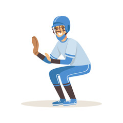 Baseball player in a blue uniform trying to catch ball vector Illustration