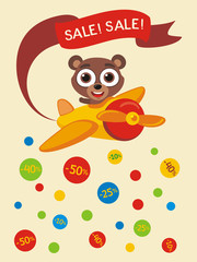 Poster seasonal sale. Funny teddy bear in cartoon style flies and scatters discounts. Banner for sale of children products with little teddy bear.