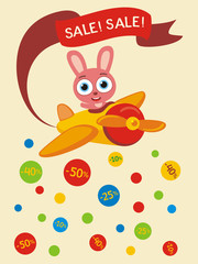 Poster seasonal sale. Funny bunny rabbit in cartoon style flies and scatters discounts. Banner for sale of children products and easter sale with bunny rabbit.