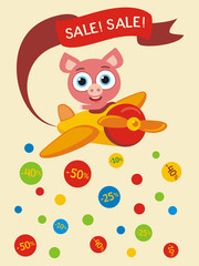 Poster seasonal sale. Funny pig in cartoon style flies and scatters discounts. Banner for sale of children products with little pig.