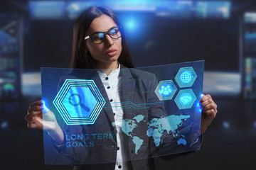 The concept of business, technology, the Internet and the network. A young entrepreneur working on a virtual screen of the future and sees the inscription: Long term goals